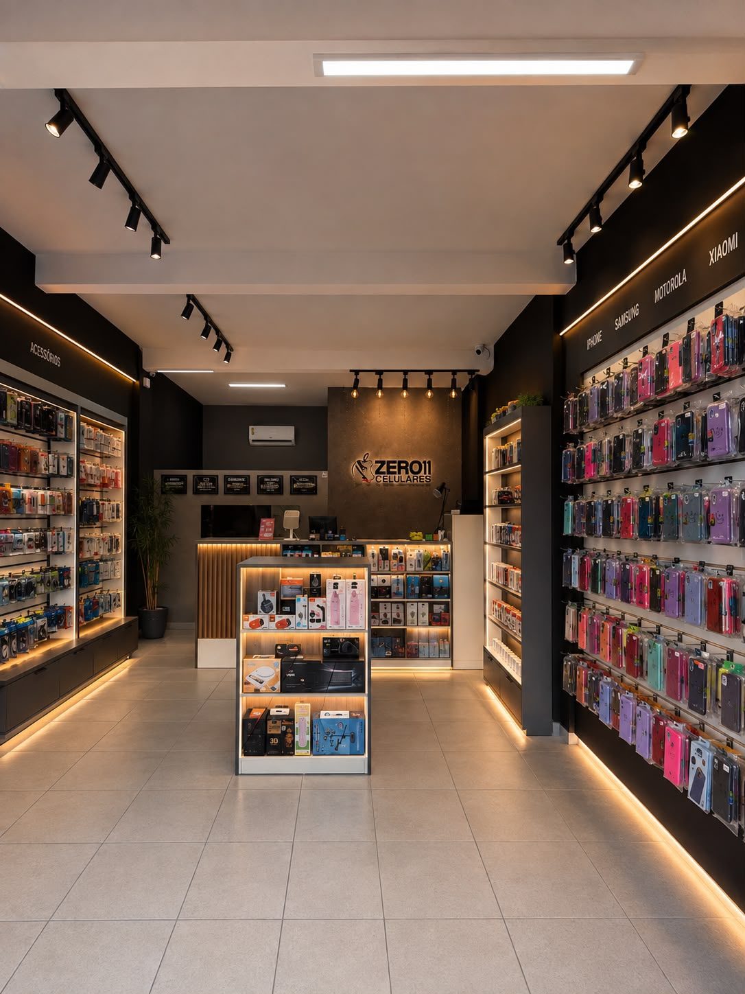 Interior da loja Zero11 Celulares com vitrine de acessórios